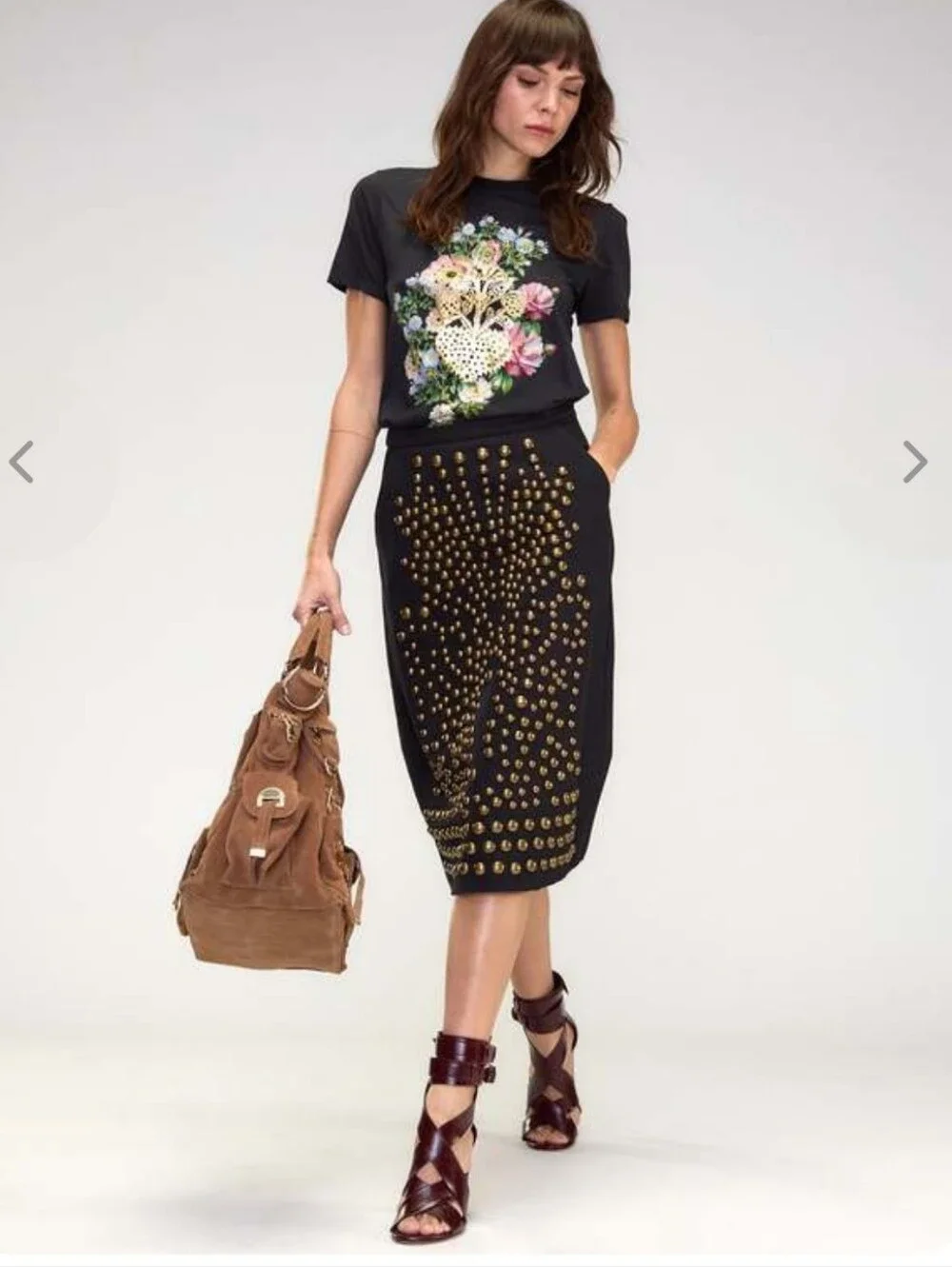 Cynthia Rowley Skirt, Size 6, Black Denim, Brass Stud Embellished